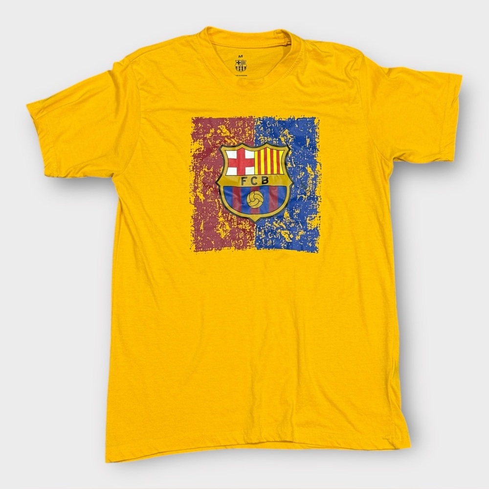 FC Barcelona Mens Graphic‎ T-Shirt Yellow FCB Soccer Crest Size M Short Sleeve